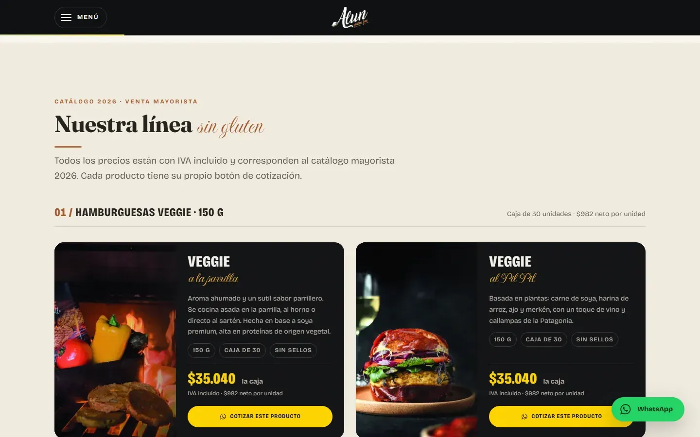 Catálogo mayorista 2026 de Alun con las hamburguesas veggie, su precio por caja y el botón para cotizar