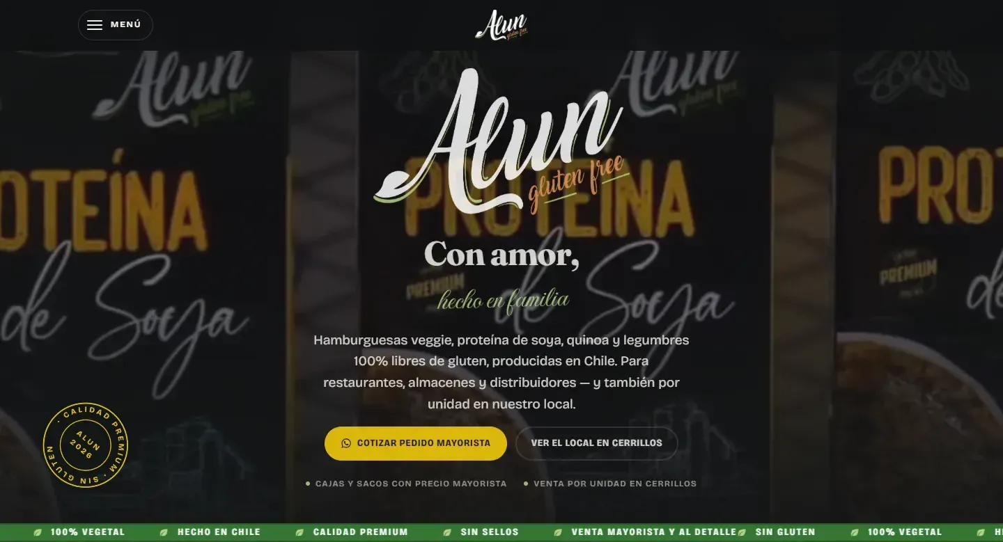 Portada de alungf.com con el logo de Alun, el titular «Con amor, hecho en familia» y el botón para cotizar un pedido mayorista