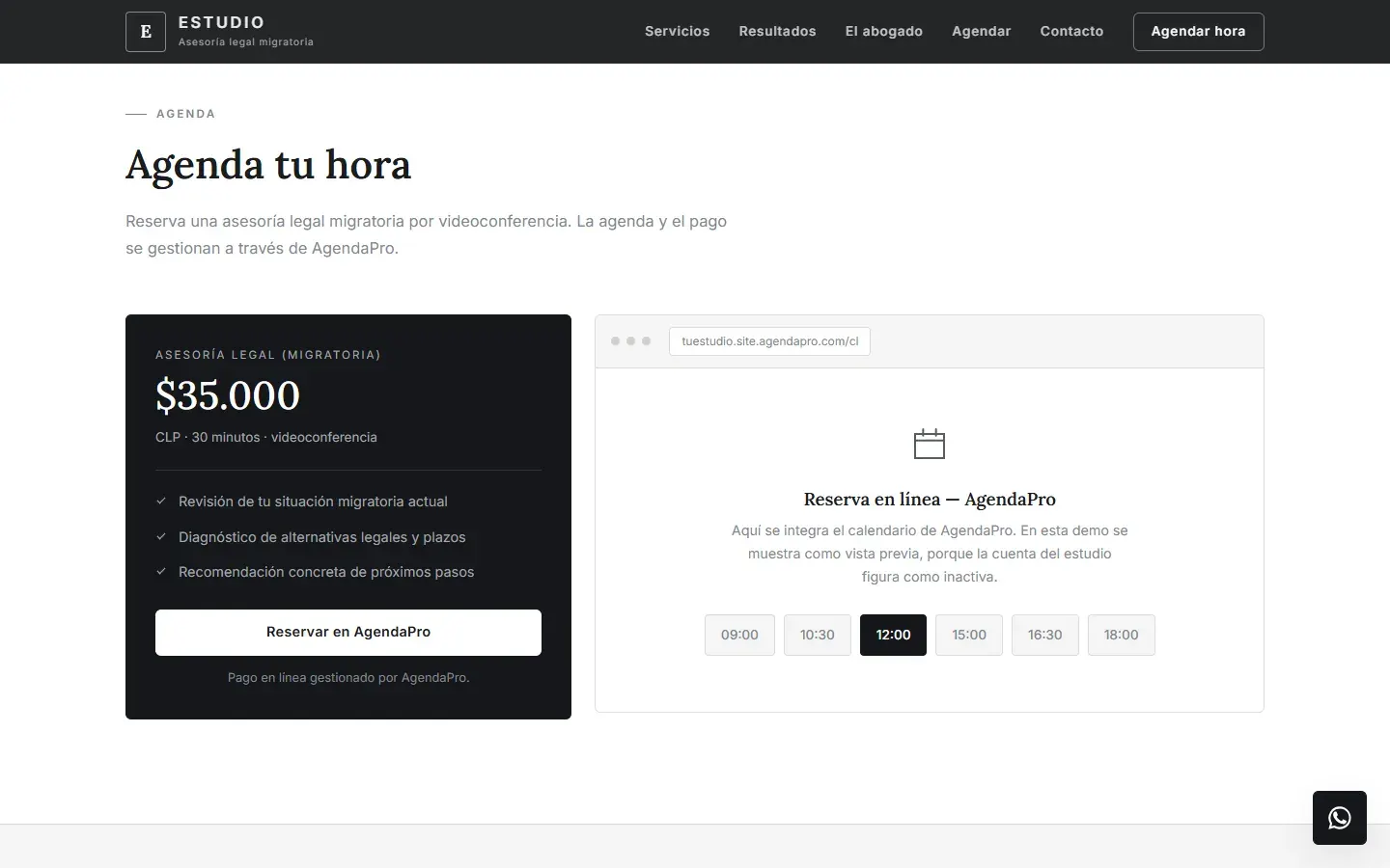 Sección para agendar una asesoría de $35.000 por 30 minutos, con la vista previa del calendario de AgendaPro